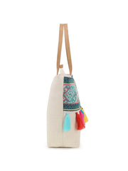 Droopy Greek Key Textured Polycotton Jacquard & Leatherette Tote Bag