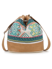 Droopy Greek Key Textured Polycotton Jacquard & Leatherette Sling Bag