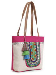 Boho Cotton Jute Boho Embellished Tote Bag
