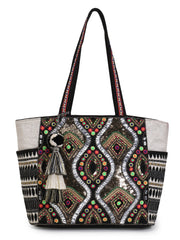 Boho Acrylic Jacquard & Cotton Canvas Trellis Embellished Tote Bag