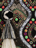 Boho Acrylic Jacquard & Cotton Canvas Trellis Embellished Tote Bag