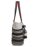 Boho Acrylic Jacquard & Cotton Canvas Trellis Embellished Tote Bag