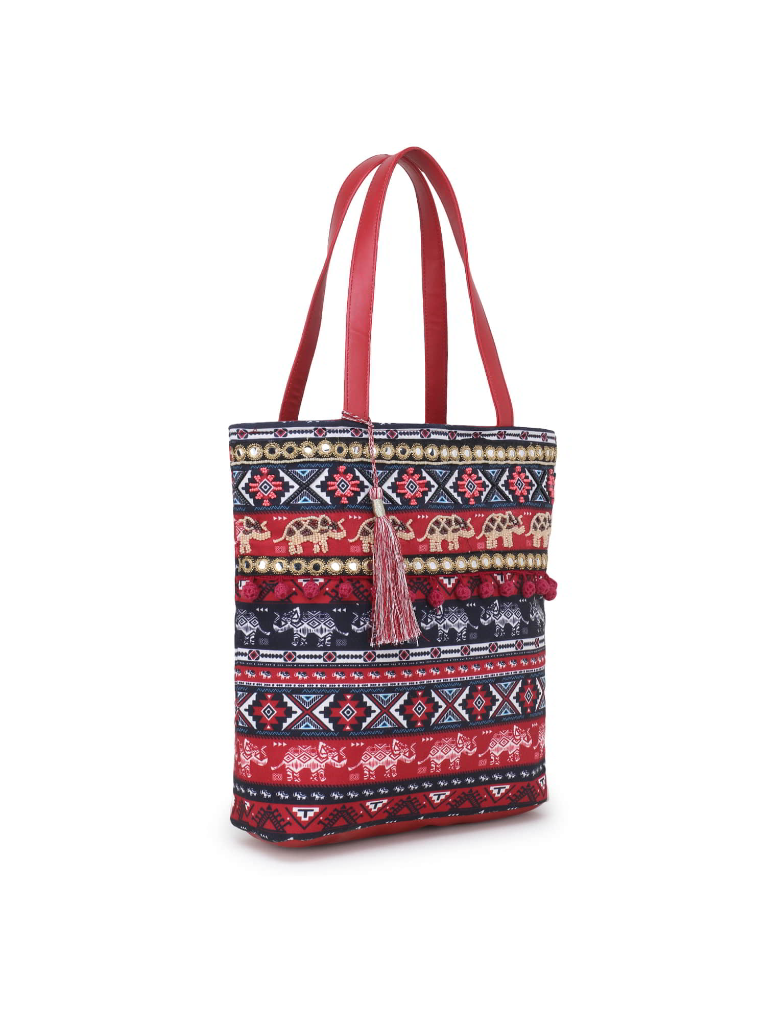 Boho Ethnic Printed Canvas Embellished Tote Bag With Tassel