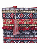 Boho Ethnic Printed Canvas Embellished Tote Bag With Tassel