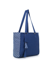 Shore Checked Denim Tote Bag With Tassel