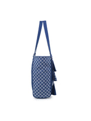 Shore Checked Denim Tote Bag With Tassel