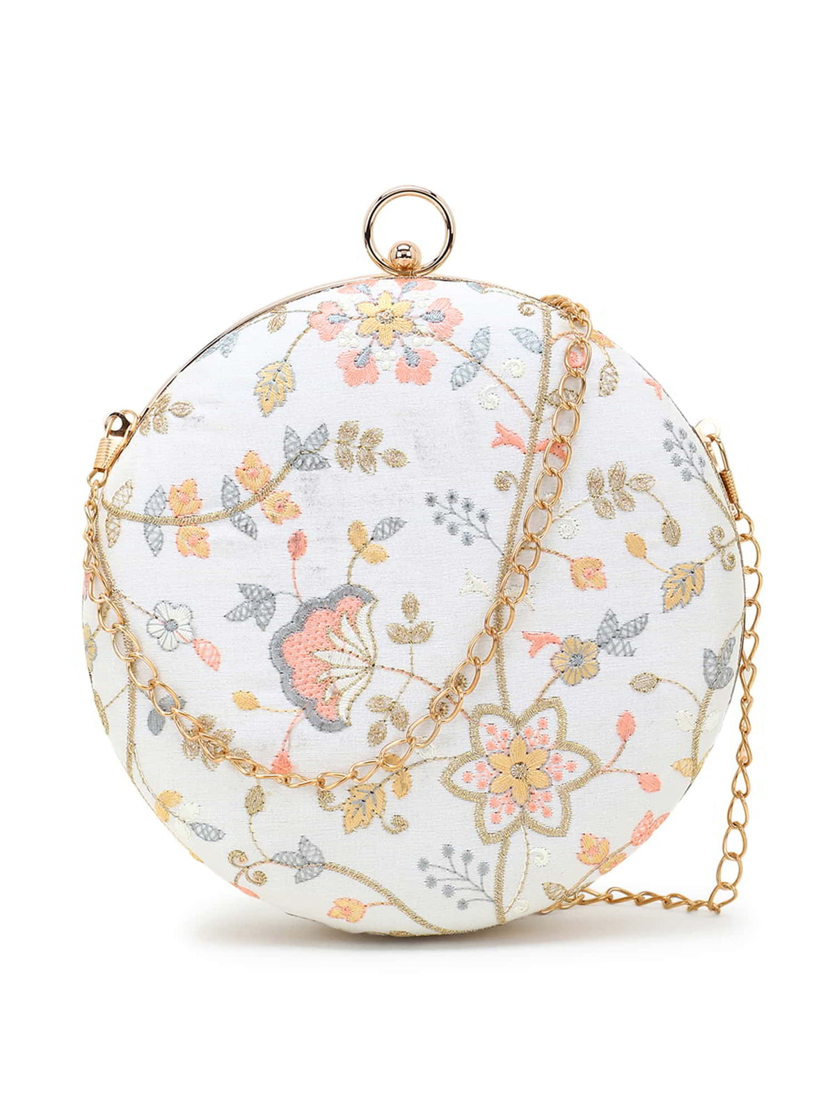 Gala Faux Silk Floral Embroidered Round Clutch