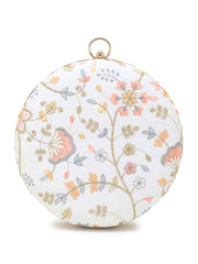 Gala Faux Silk Floral Embroidered Round Clutch