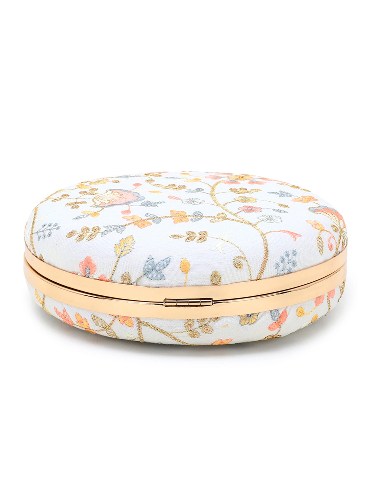 Gala Faux Silk Floral Embroidered Round Clutch