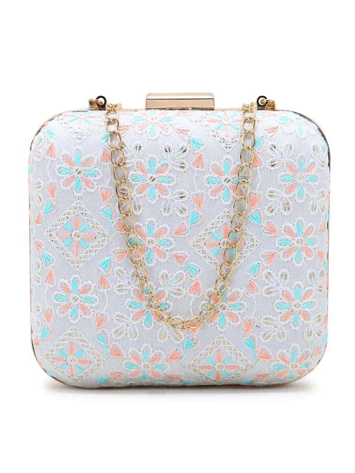 Vista Faux Silk Floral Embroidered Square Clutch