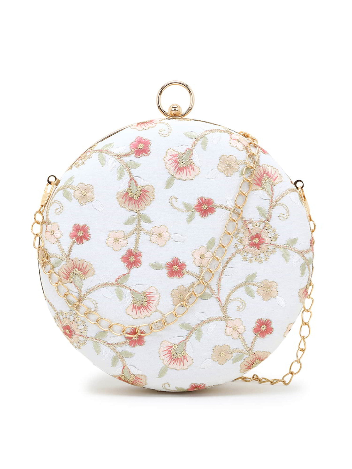 Gala Faux Silk Floral Embroidered Round Clutch