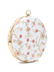 Gala Faux Silk Floral Embroidered Round Clutch