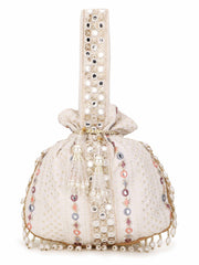 Dangle Mirror Work Embellished Faux Silk Potli
