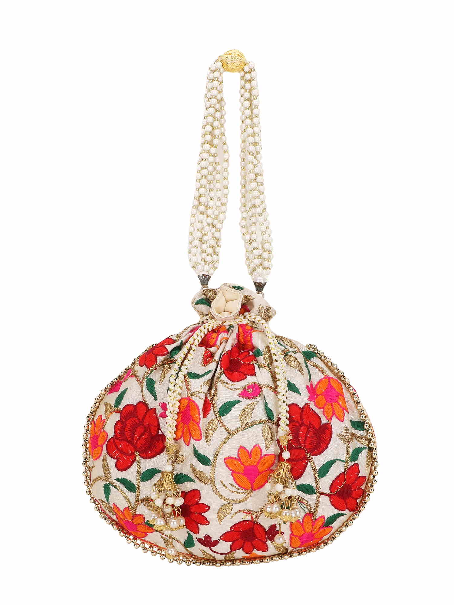 Dangle Floral Embroidered Faux Silk Potli