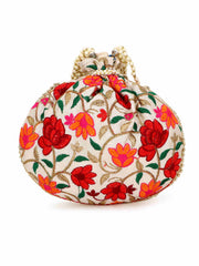 Dangle Floral Embroidered Faux Silk Potli