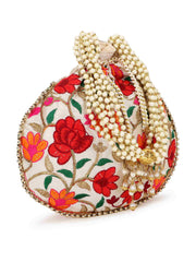 Dangle Floral Embroidered Faux Silk Potli