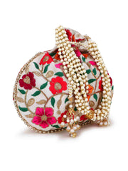 Dangle Floral Embroidered Faux Silk Potli