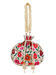 Dangle Floral Embroidered Faux Silk Potli