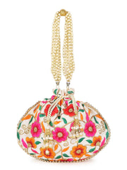 Dangle Floral Embroidered Faux Silk Potli