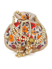 Dangle Floral Embroidered Faux Silk Potli