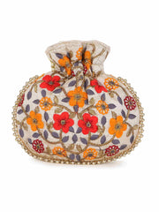 Dangle Floral Embroidered Faux Silk Potli