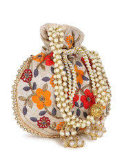 Dangle Floral Embroidered Faux Silk Potli