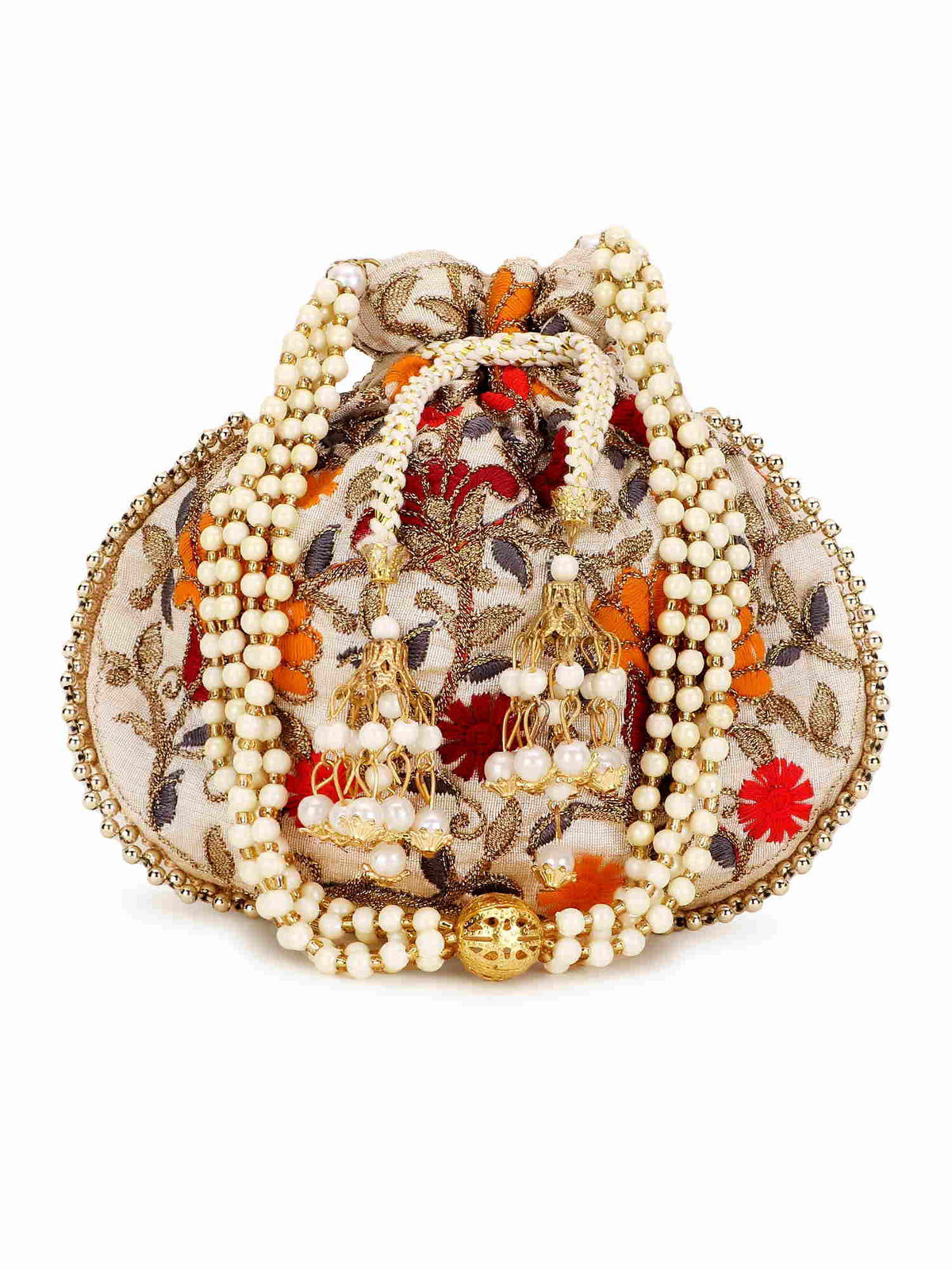 Dangle Floral Embroidered Faux Silk Potli