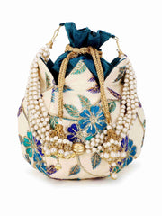 Lotus Floral Embroidered Faux Silk Potli