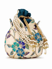 Lotus Floral Embroidered Faux Silk Potli