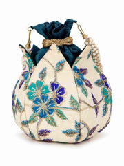 Lotus Floral Embroidered Faux Silk Potli