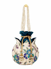 Lotus Floral Embroidered Faux Silk Potli