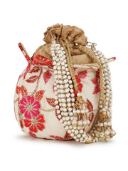 Lotus Floral Embroidered Faux Silk Potli