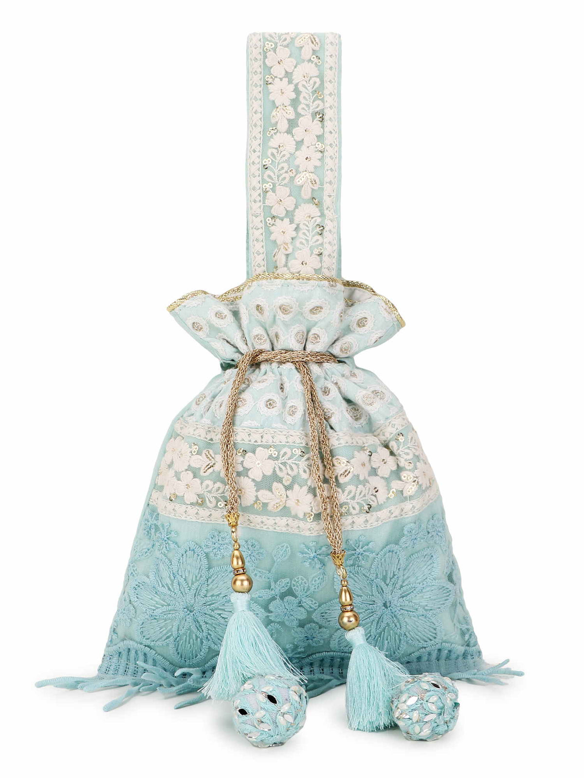Dangle Floral Lace Detailed Faux Silk Potli