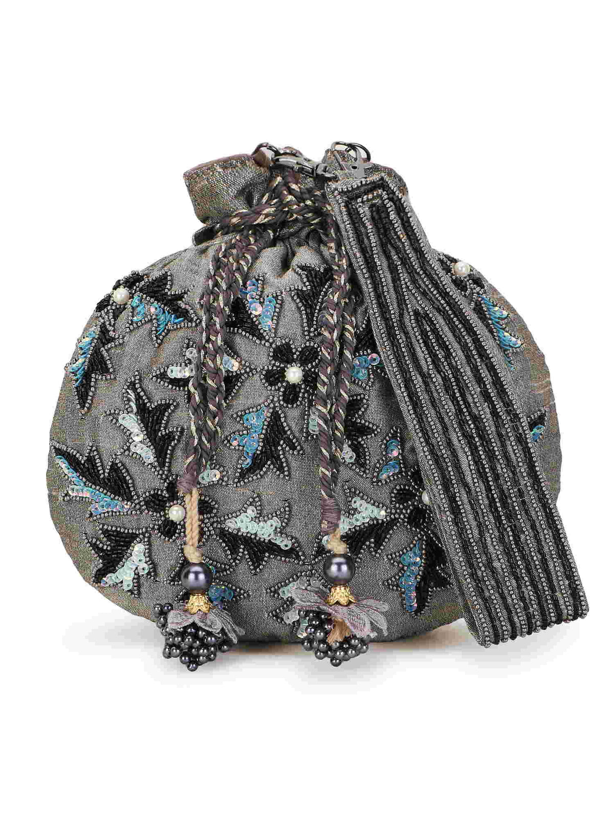 Dangle Floral Embellished Faux Silk Potli