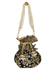 Lotus Embroidered Faux Silk Potli