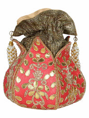 Lotus Embroidered Faux Silk Potli