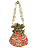 Lotus Embroidered Faux Silk Potli