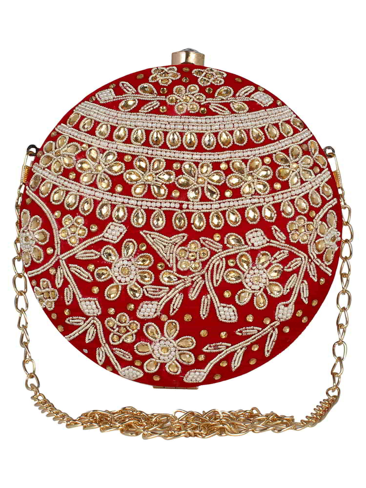 Gala Embellished Faux Silk Round Clutch Red & White