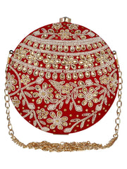 Gala Embellished Faux Silk Round Clutch Red & White