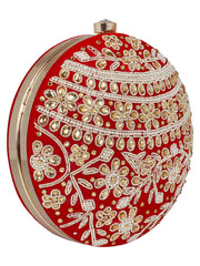 Gala Embellished Faux Silk Round Clutch Red & White