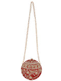 Gala Embellished Faux Silk Round Clutch Red & White