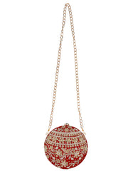 Gala Embellished Faux Silk Round Clutch Red & White
