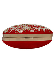 Gala Embellished Faux Silk Round Clutch Red & White