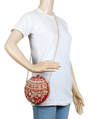 Gala Embellished Faux Silk Round Clutch Red & White