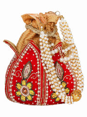 Lotus Embroidered & Embellished Faux Silk Potli