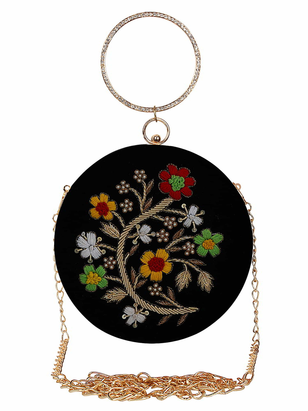 Gala Embroidered Velvet Round Clutch
