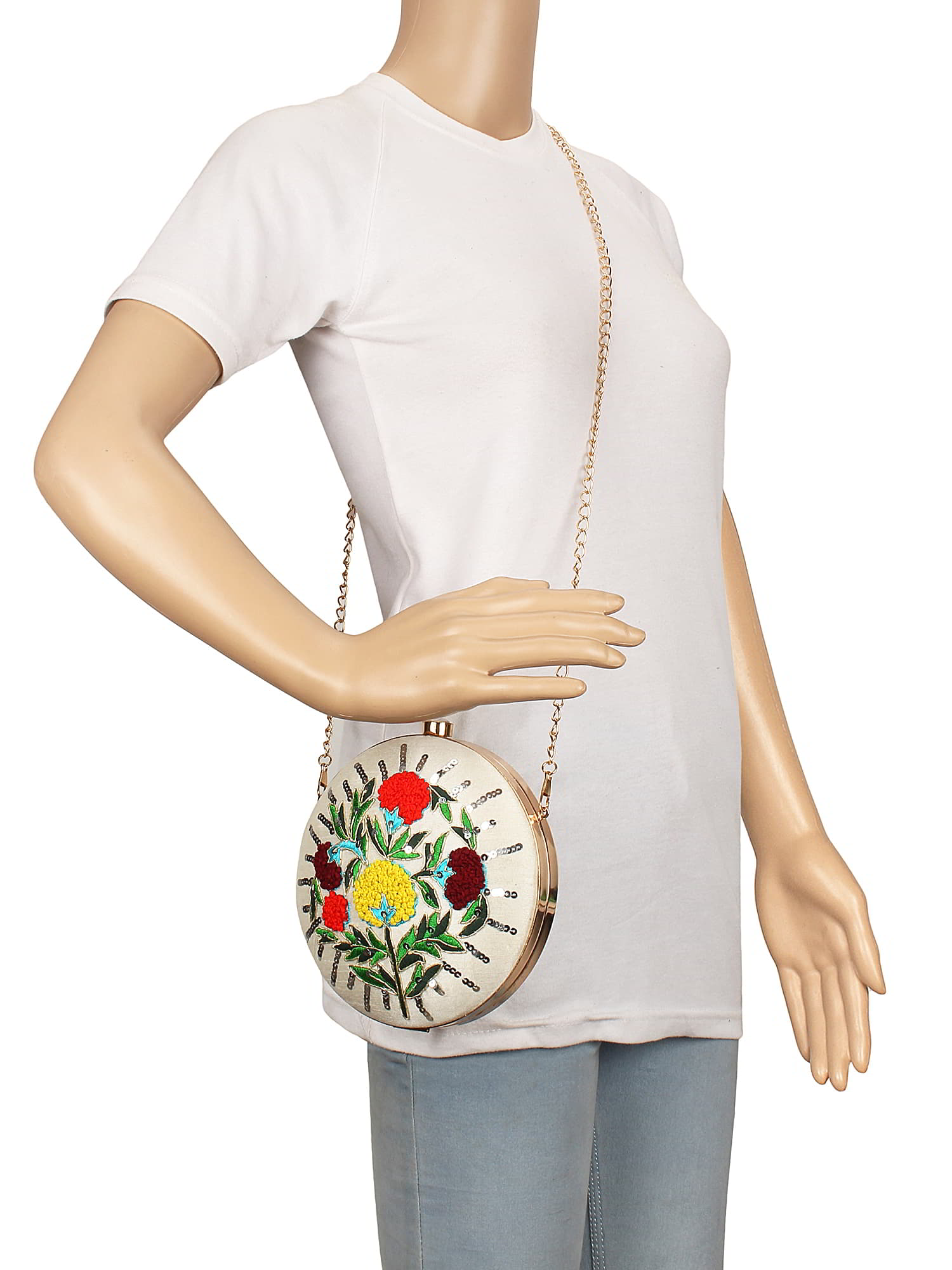 Gala Sequines Embroidered Velvet Round Clutch