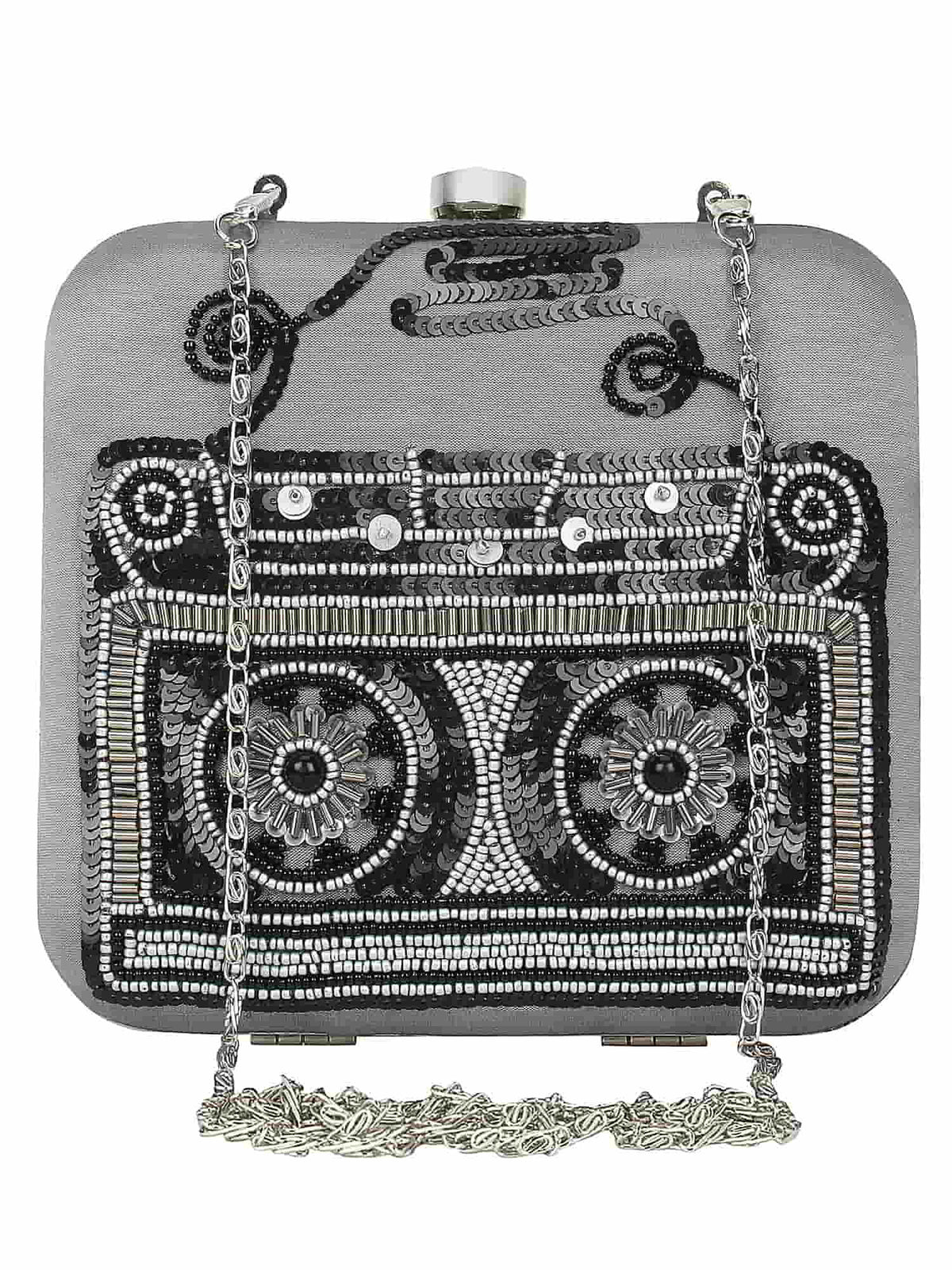 Spiffy Sequines Embellished Faux Silk Box Clutch