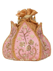 Lotus Embelished Faux Silk Potli