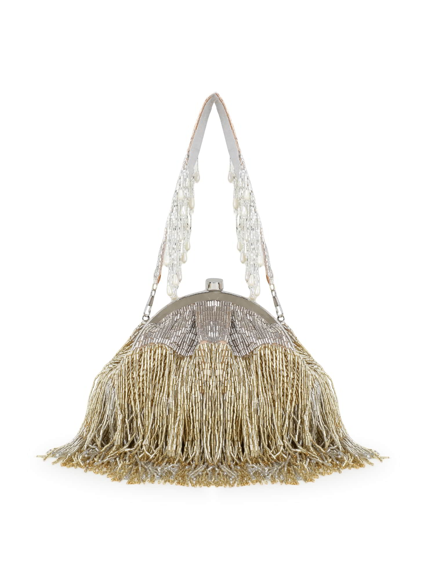 Floral Mesh Clutch Purse Evening Bag w/Silver Trim and Hideaway Chain (Gold  or Black/Grey) - Fringe, Flowers and Frills